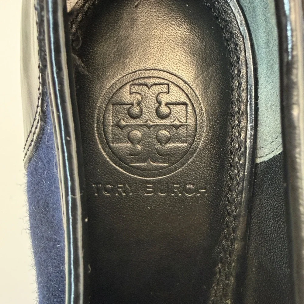 Tory Burch Leighton Women’s Sz 8 Wing Tip Style Ankle Booties Navy & Black Heels